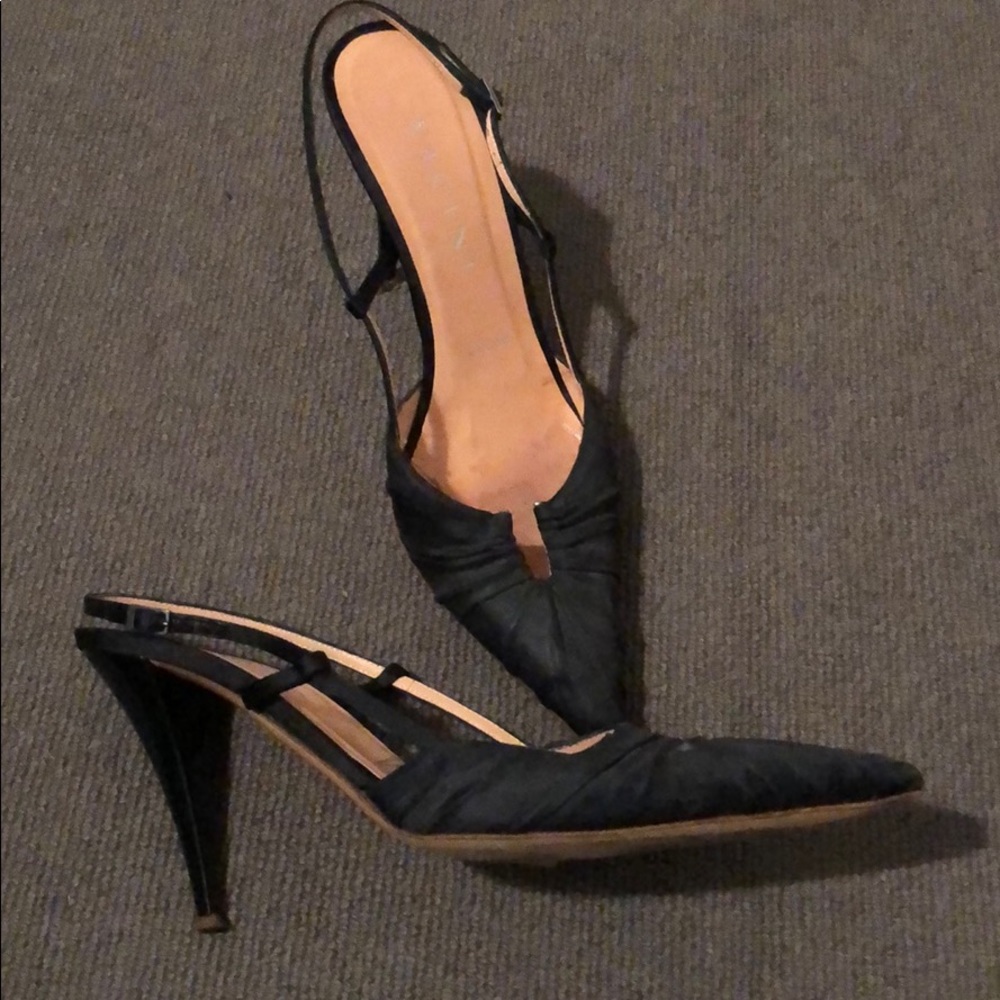 Black sling backs with patent leather heels